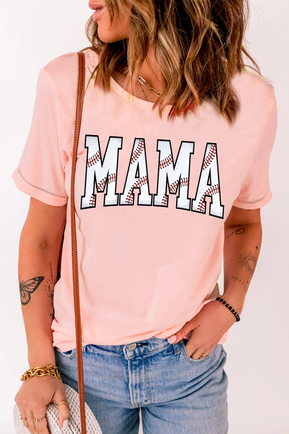 粉色棒球 MAMA 图案袖口 T 恤 LC25224551