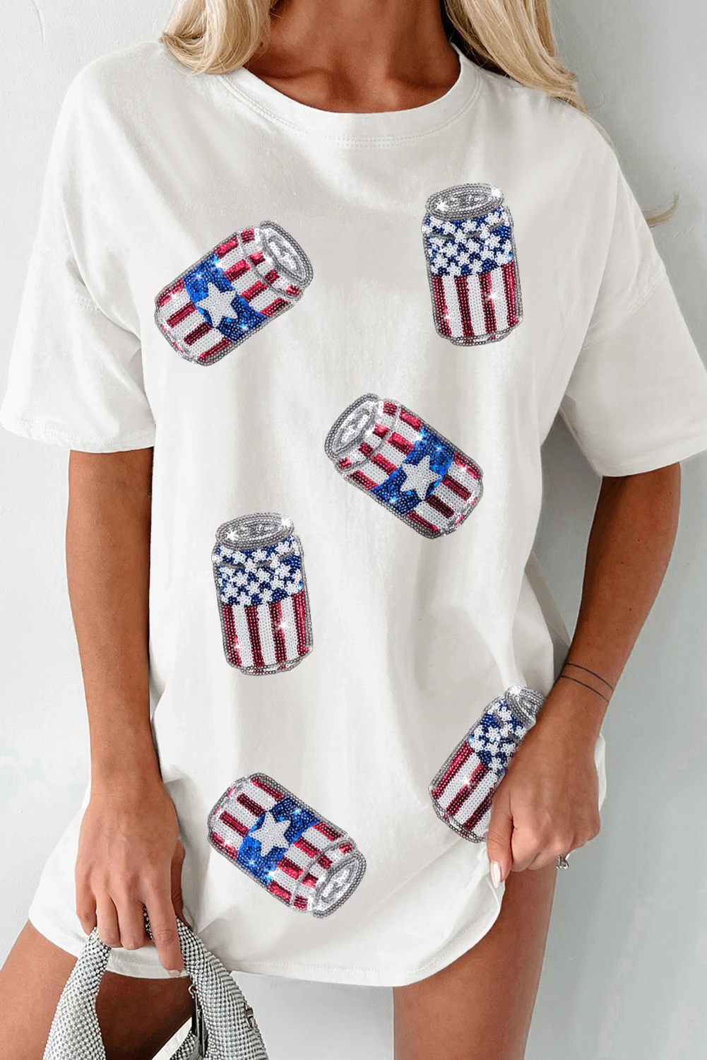 白色亮片美国国旗超大图案 T 恤 LC25225834