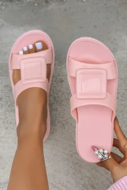 粉色方形设计镂空露趾拖鞋