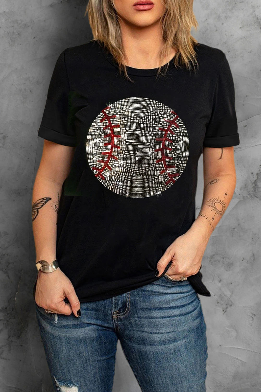 黑色水钻棒球图案圆领 T 恤 LC25225843
