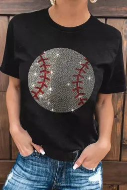 黑色水钻棒球图案圆领 T 恤