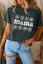 黑色小花 mama 图案圆领 T 恤