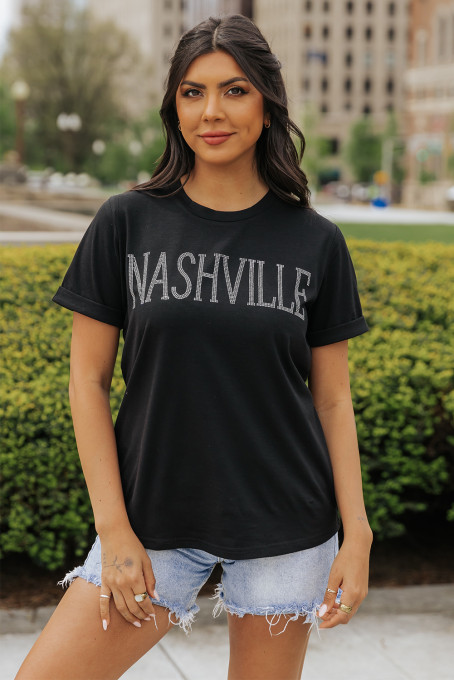 黑色 NASHVILLE 水钻图案圆领 T 恤