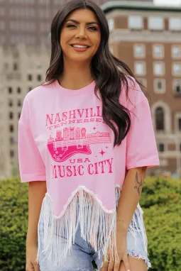 粉色 NASHVILE MUSIC CITY 图案亮片流苏下摆 T 恤