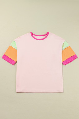 粉色拼色拼接袖圆领超大上衣