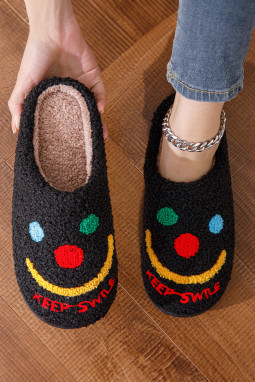 黑色 Keep Smile 印花羊羔绒家居拖鞋