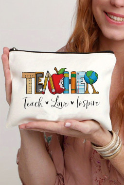白色 TEACHER 图案印花拉链化妆包