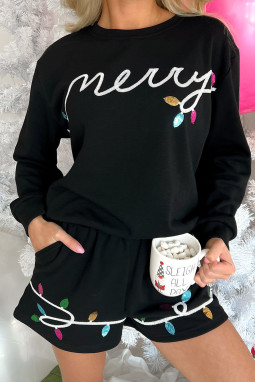 黑色亮片 Merry 图案套头衫和短裤套装