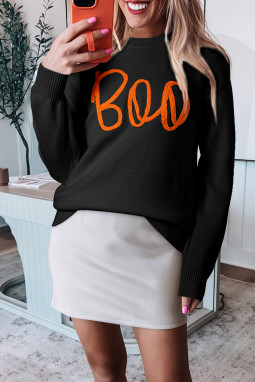 黑色 Boo 针织图案罗纹落肩毛衣