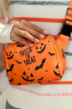 橙色万圣节 TRICK OR TREAT 蝙蝠南瓜印花斜挎包