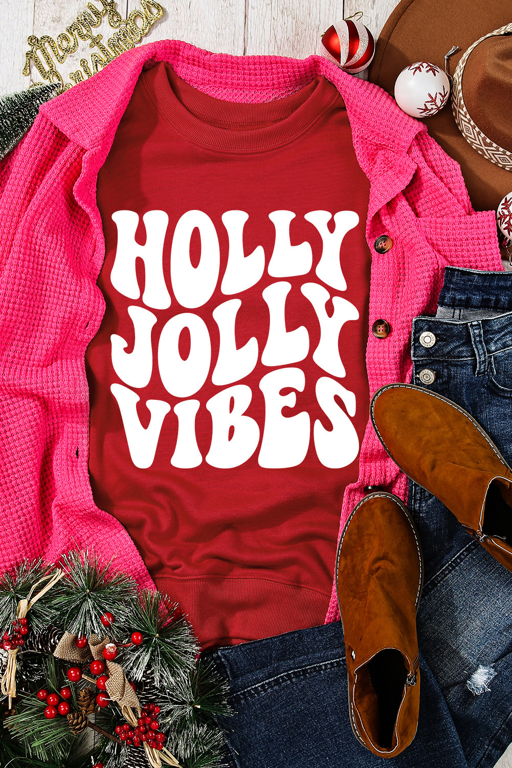 红色 HOLLY JOLLY VIBES 图案圆领圣诞运动衫 LC25318597