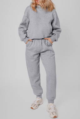 灰色纯色外露接缝连帽衫和慢跑运动服套装