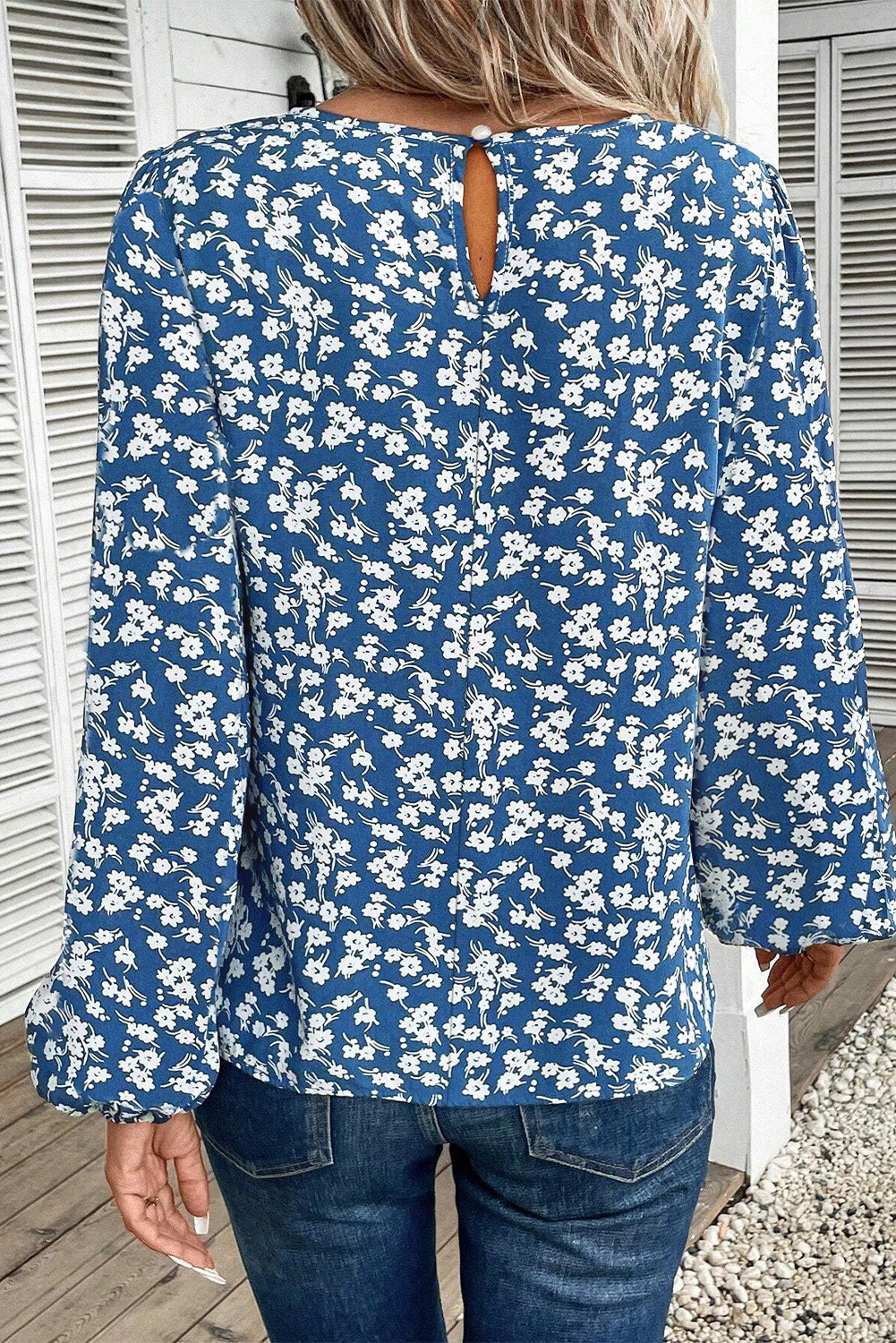 蓝色 Ditsy 花卉印花灯笼袖衬衫 LC25128965