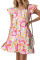 粉色抽象花卉荷叶边飘袖纽扣连衣裙