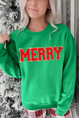 深绿色圣诞雪尼尔 MERRY 图案圆领套头衫