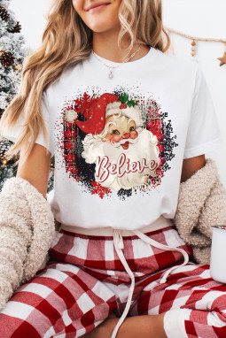 白色 Believe Christmas Father 图案圆领 T 恤