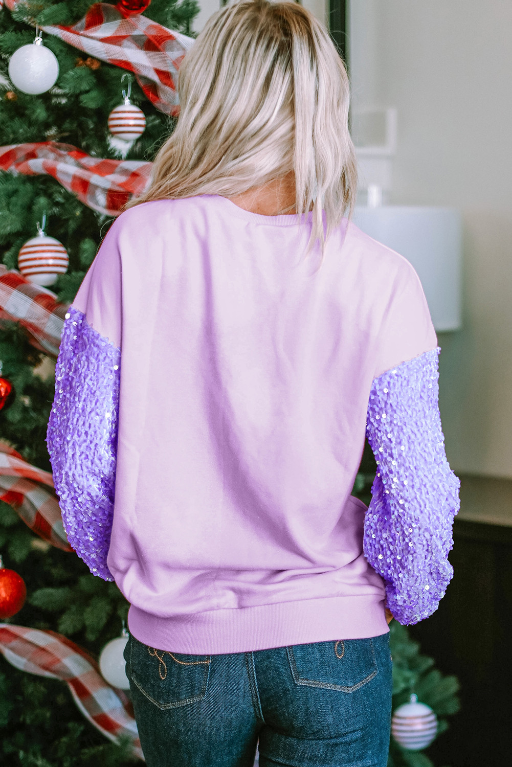 Orchid Petal Sequin Patchwork Long Sleeve Pullover Top LC25124364