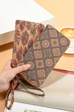 棕色西部图案印花腕带 PU 皮革钱包