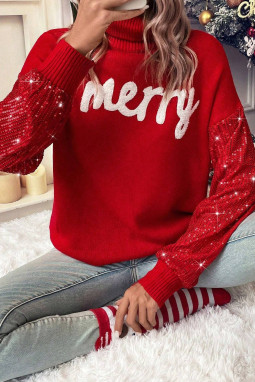 赛车红色 Merry 图案亮片袖圣诞高领毛衣