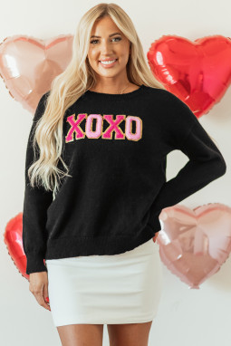 黑色 XOXO 亮片印花圆领休闲毛衣