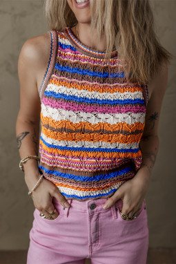 深蓝色条纹纹理针织圆领毛衣背心