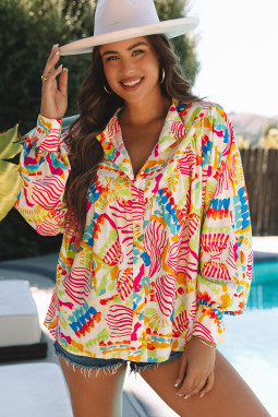 橙色抽象印花高低廓形衬衫