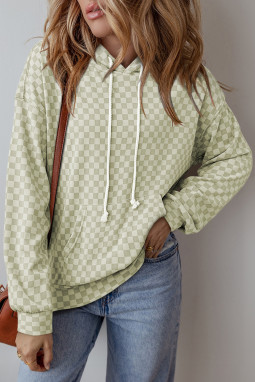 绿色格纹印花袋鼠口袋抽绳连帽衫