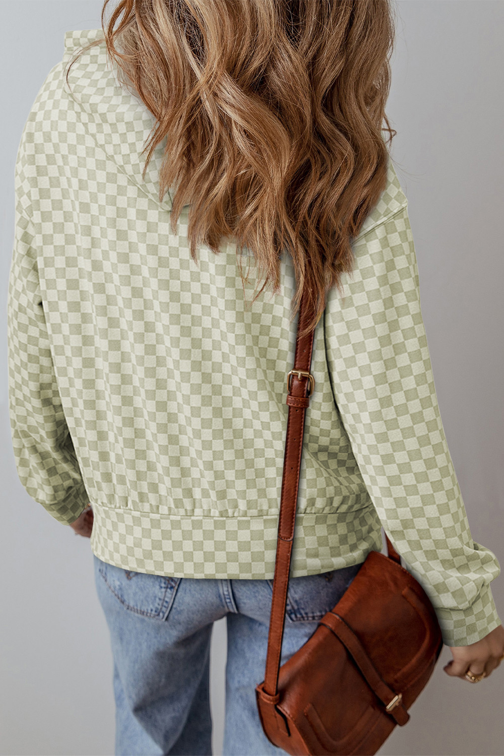 绿色格纹印花袋鼠口袋抽绳连帽衫 LC25317952