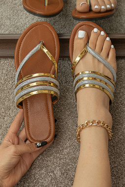 金色夹趾尖头系带平底拖鞋