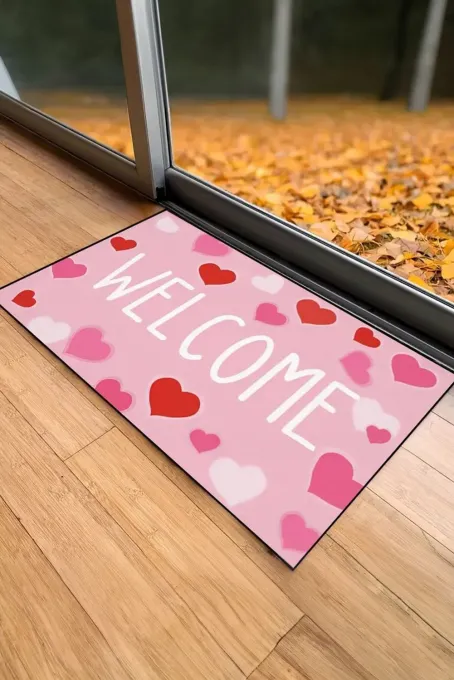 ¥ 14.65 - 粉色 WELCOME 心形印花防滑门垫 - 时尚女装全球一件代发