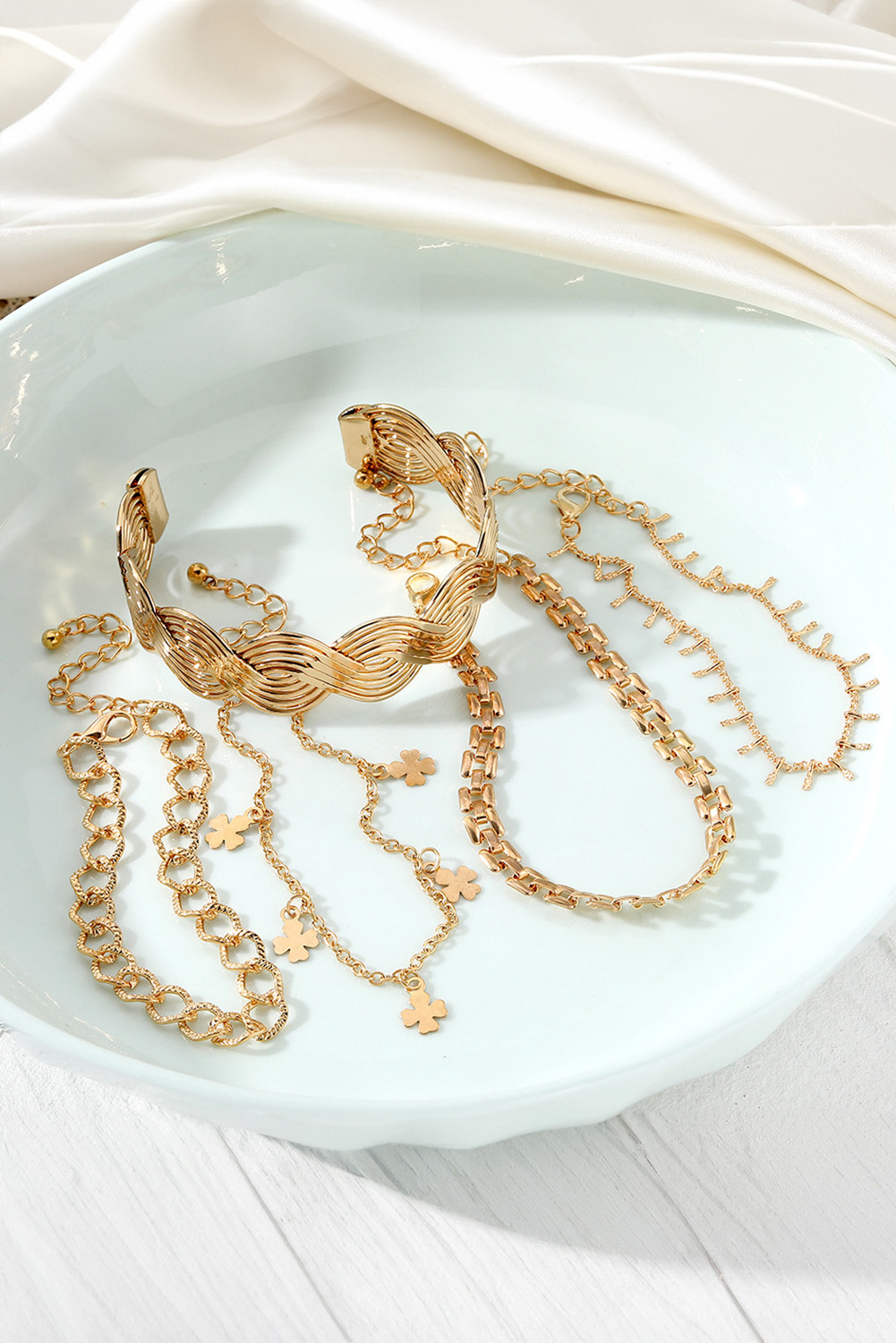 金色三叶草吊饰多层镀金可调节手链套装 BH014157