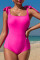 玫红色方领结肩露背连体泳衣