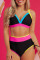 黑色色块抽绳侧 V 领高腰比基尼套装