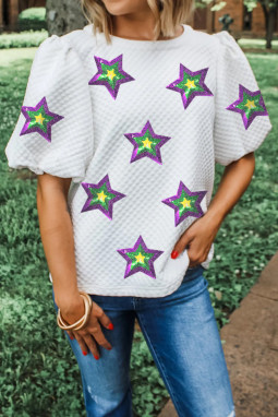 白色纹理亮片狂欢节星星图案泡泡袖衬衫