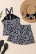 黑色抽象印刷扣子横皮带裙子tankini 2pcs泳衣