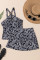 黑色抽象印刷扣子横皮带裙子tankini 2pcs泳衣