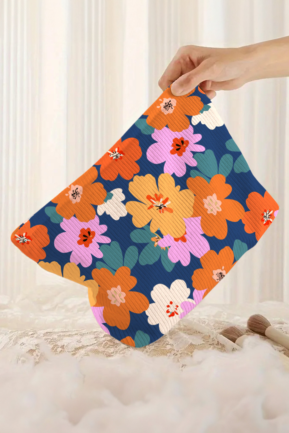 Ashleigh Blue Flower Print Zipper灯芯绒大化妆包 BH031475