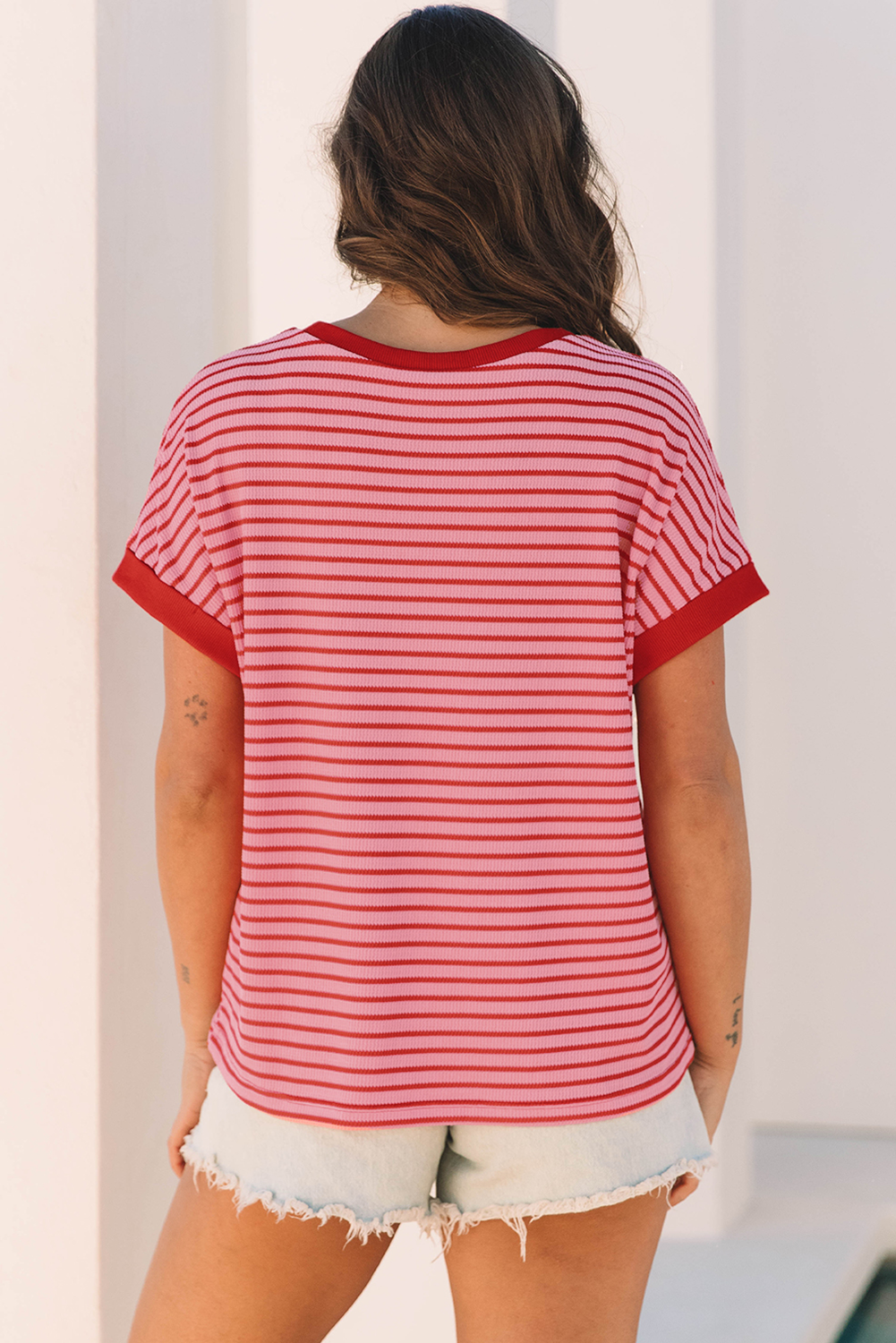 粉红色的条纹亮片小龙虾船螺旋T恤 LC25228851