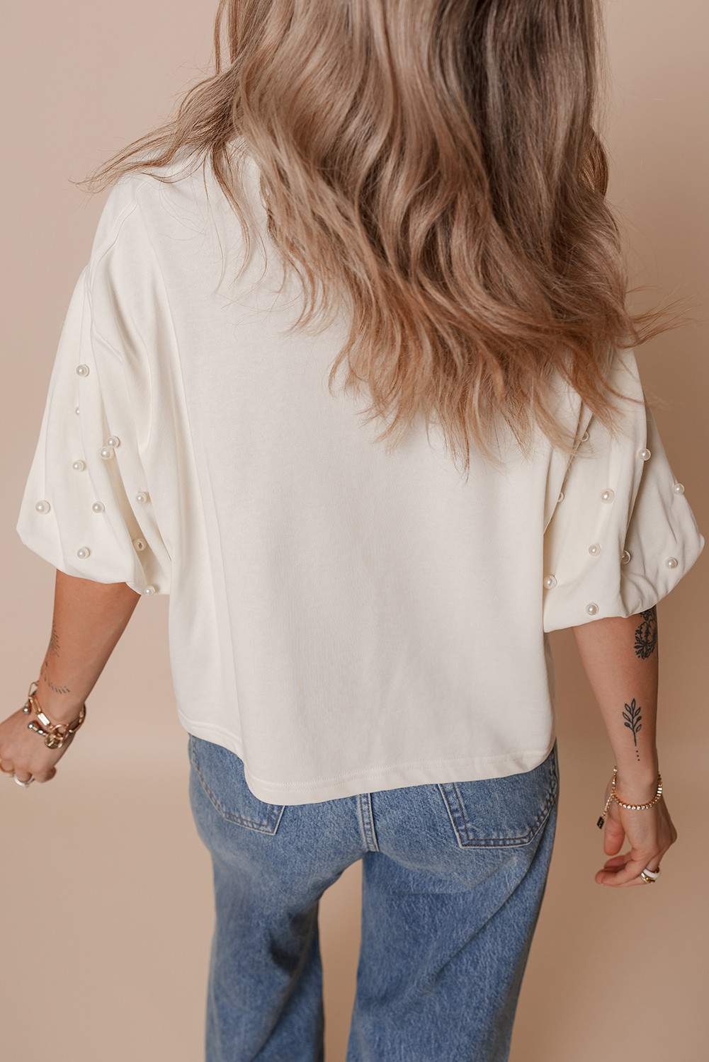 白色星星条纹Bowknot Graphic Pearled Puff Half Sleeve T恤 LC25228892
