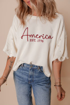 白色美国EST 1776绣花珍珠串珠袖子T恤