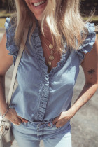 Beau Blue Frilly Ruffle Trim V Neck Chambray背心