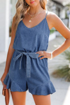 Ashleigh Blue意大利面条v脖子腰带荷叶边的腿Chambray Romper
