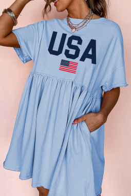天蓝色美国国旗打印短袖高腰babydoll连衣裙