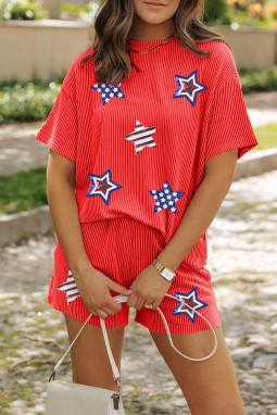 橙色Sequin USA Flag Star Graphic Corded T恤和短裤套装