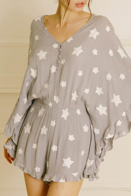 灰色星形皱纹纹理纹理和服荷叶边袖子romper