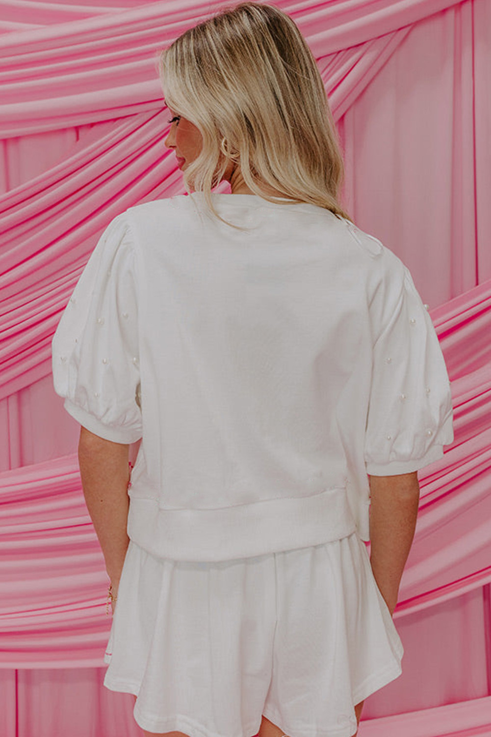 白色对比弓饰珠粉套装和Skort 2pcs套件 LC627327