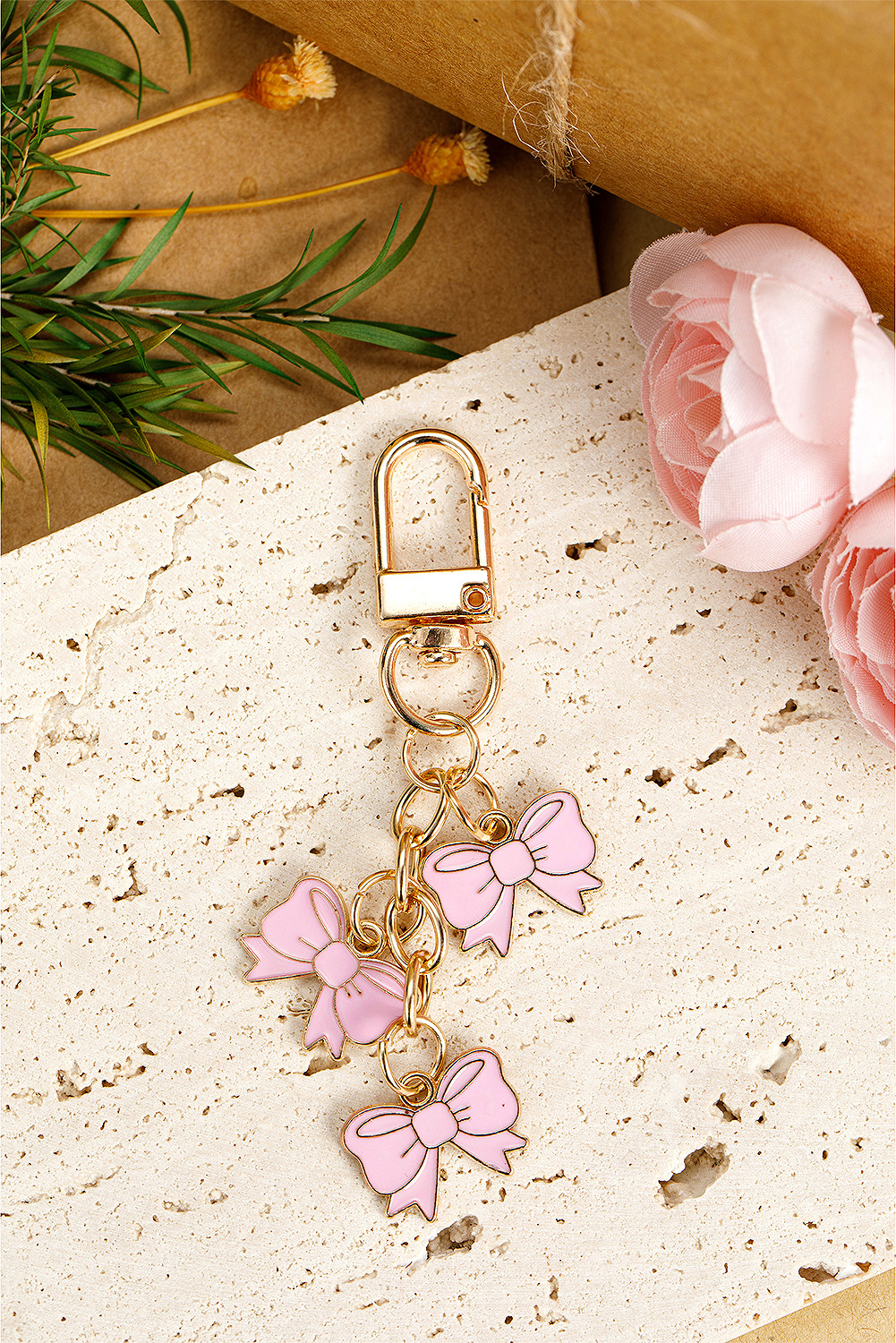 粉红色的弓结形状吊饰镀金合金钥匙扣 BH043059