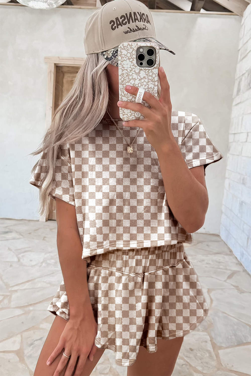 棕色棋盘板T恤和高腰部Skorts 2件衣服 LC627060