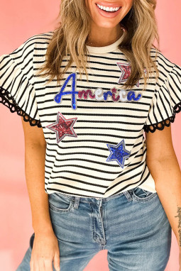 黑色条纹Sequin America Star Graphic Ric Rac Rac Flutter袖子上衣