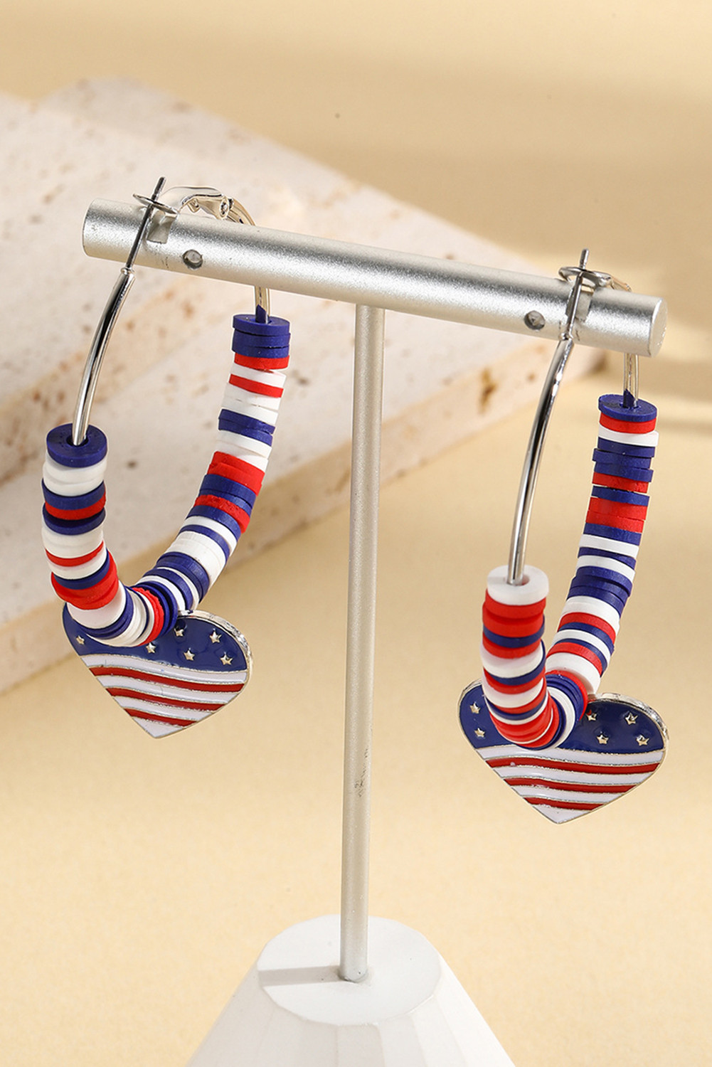 银色美国国旗心吊坠串珠大箍耳环 BH014323